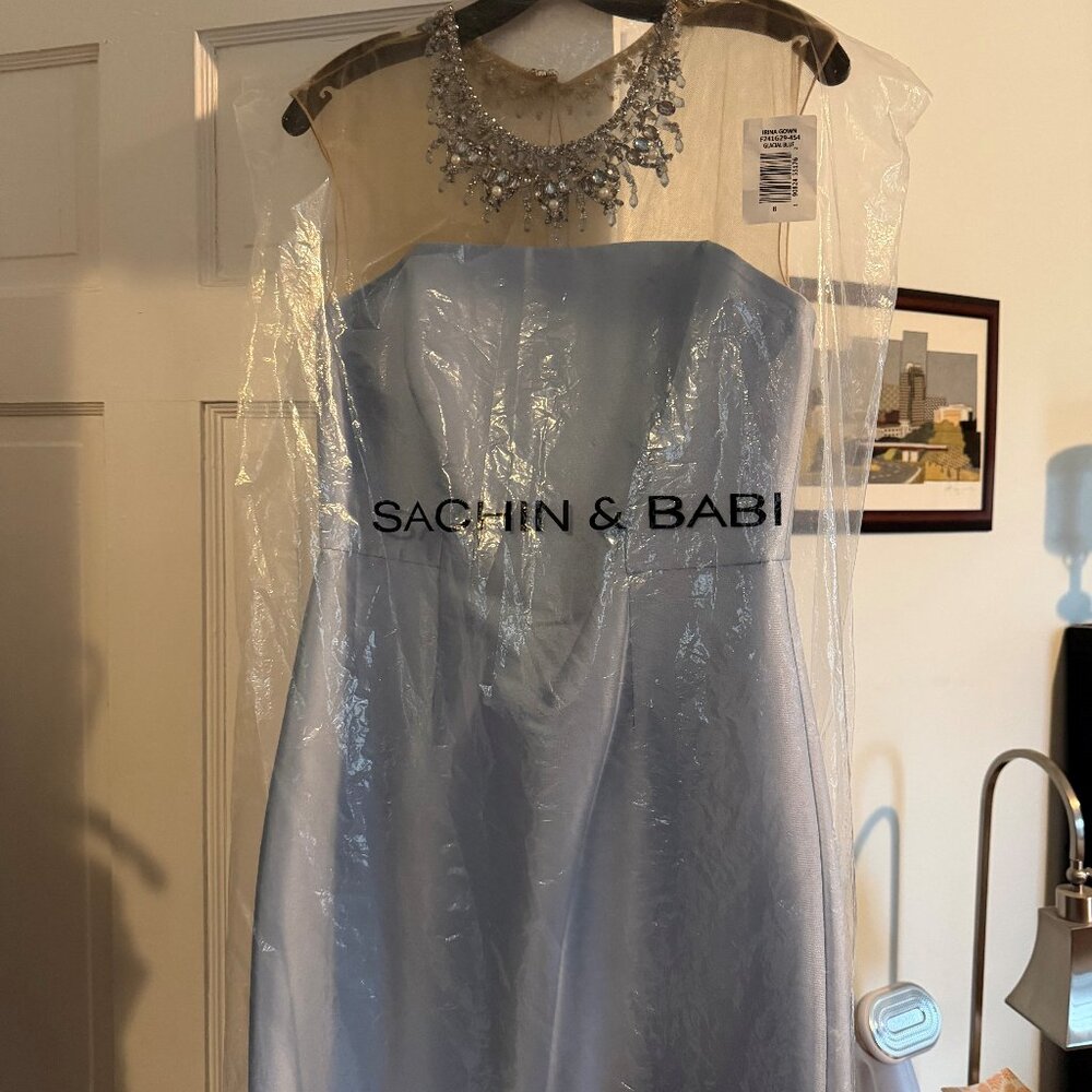 Sachin & Babi Glacial Blue Irina Crystal Collar Mikado Gown Size 8